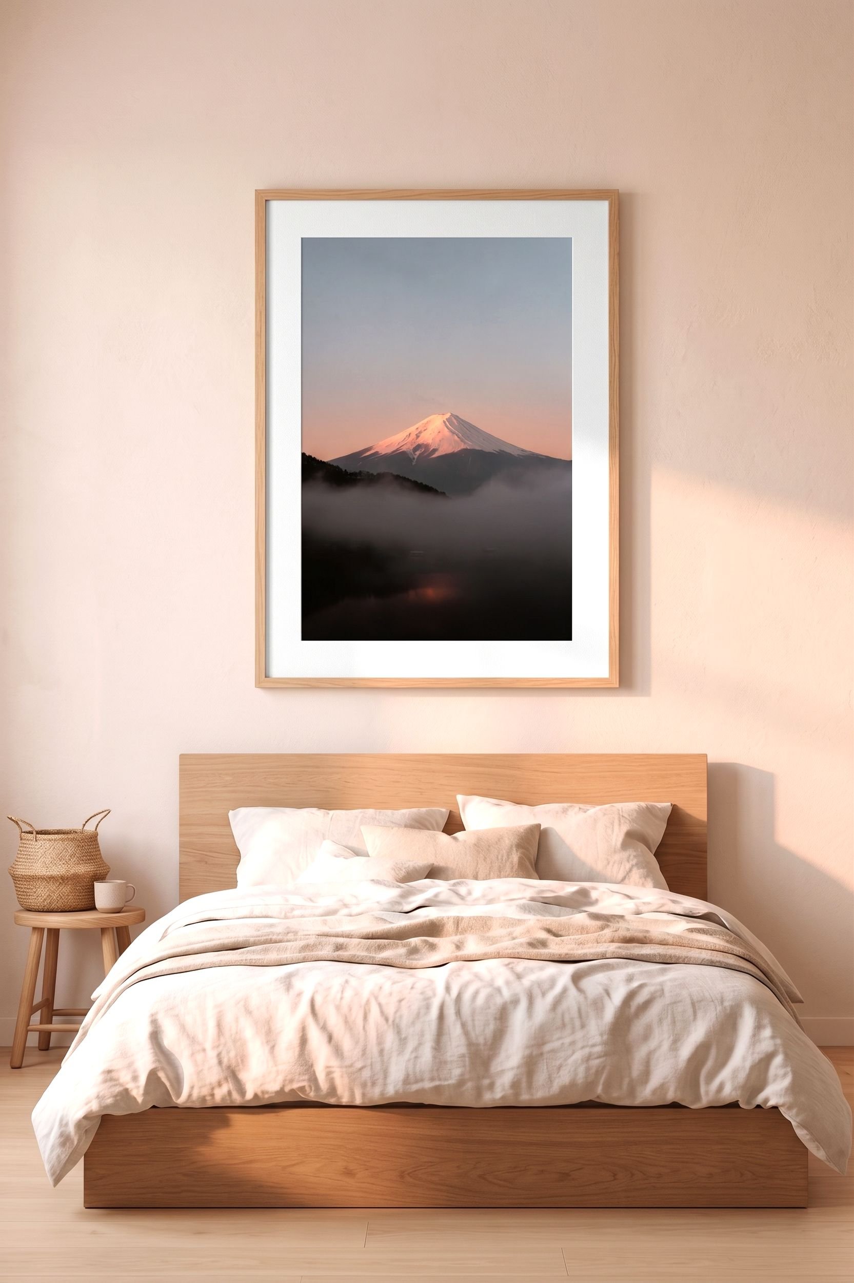 Fuji print leaning in a warm, peach-toned interior with minimal styling.