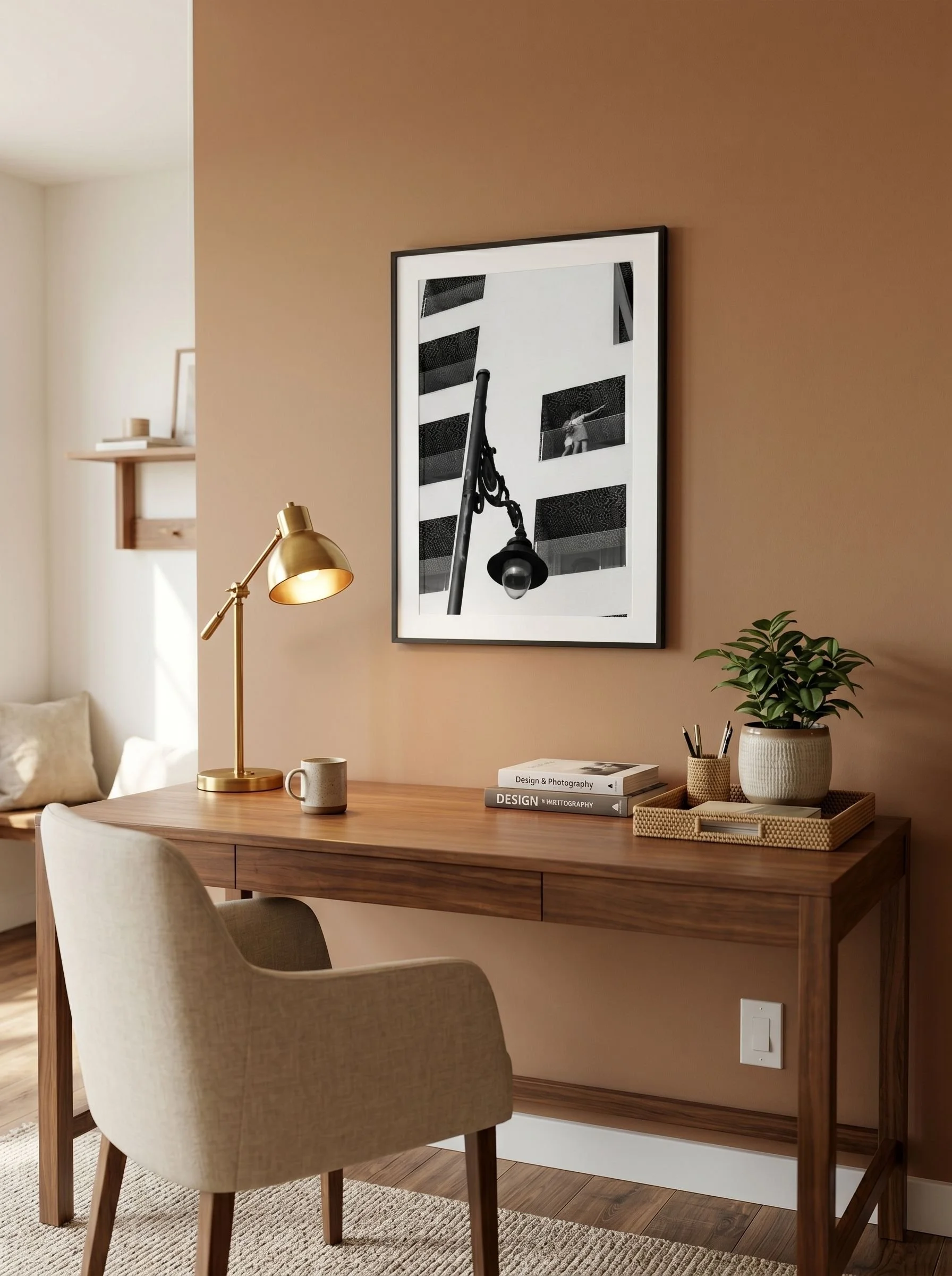 Málaga print framed and leaning with soft daylight.