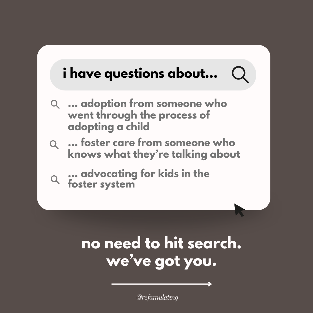 A huge point of Refamulating was creating a community, and therefore hosting events -- virtual events called Refamily Dinner! This was what I created for the event centering a guest who would talk and answer questions about adoption.