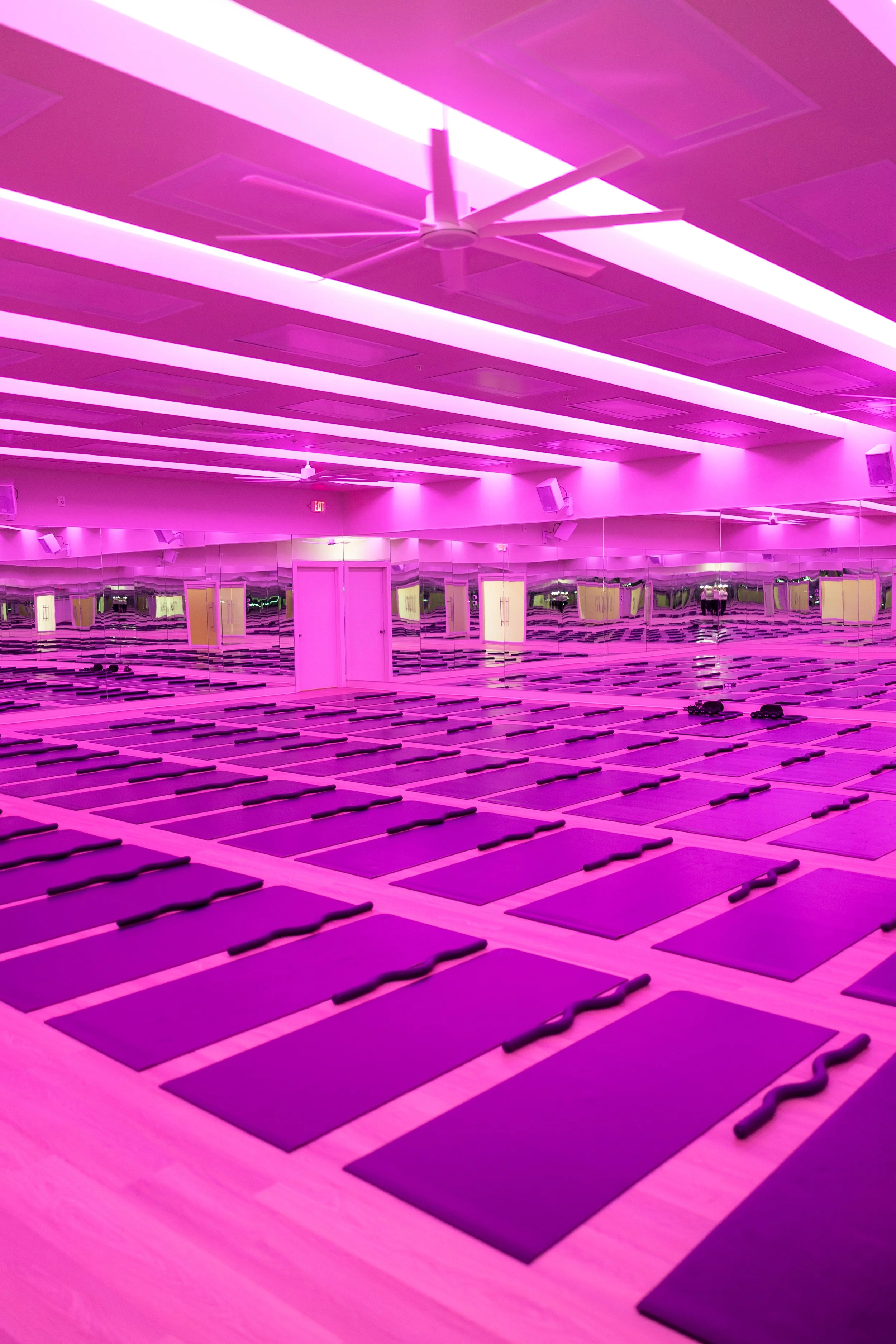 A yoga studio with purple lighting, yoga mats and black resistance bands laid out on the wooden floor, mirrored walls, and ceiling fans.