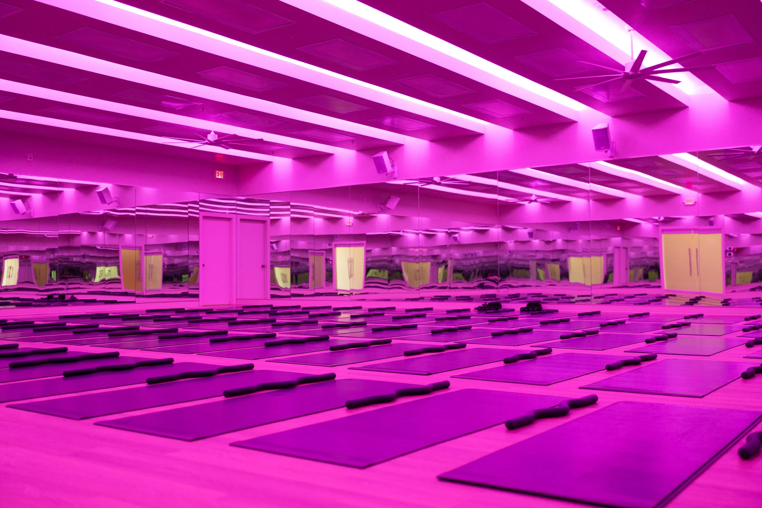An empty yoga studio with purple lighting, many yoga mats and foam rollers arranged on a wooden floor, mirrored walls reflecting the room.