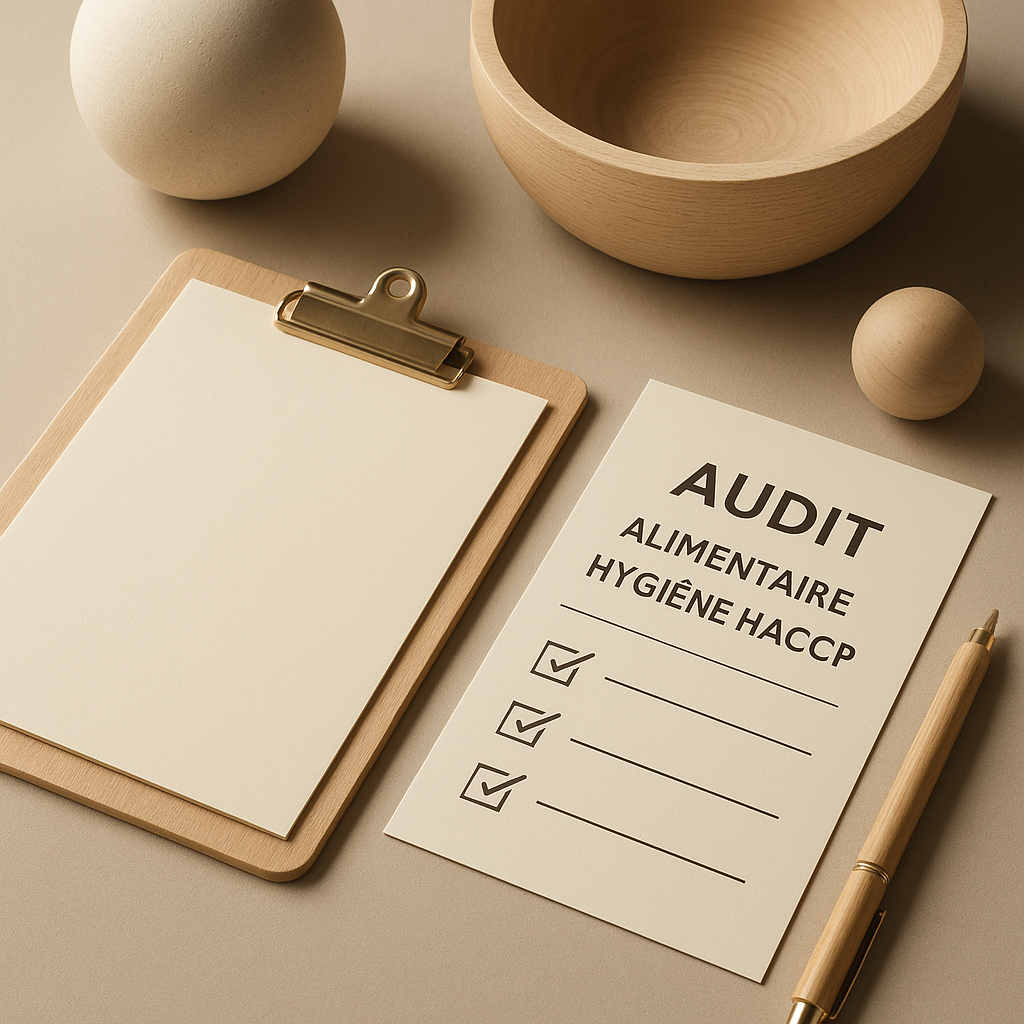 Une fiche d'audit sur l'alimentation, l'hygiène et le HACCP avec des cases cochées, une ardoise à blanc, un stylo en bois, un bol en bois et des sphères en bois décoratives.