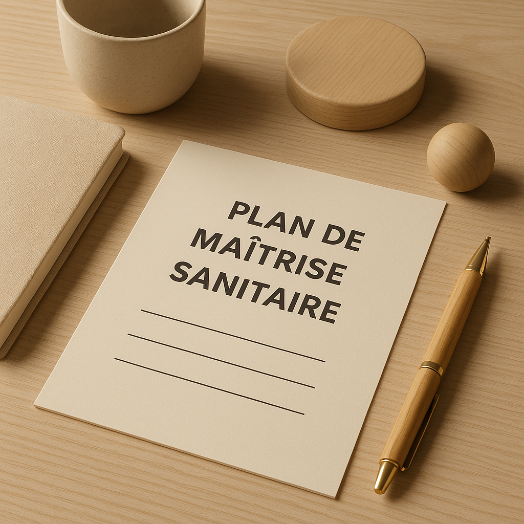 Une feuille avec le texte 'Plan de maîtrise sanitaire' posée sur une table en bois, accompagnée d'un stylo en bois, d'un livre, d'une tasse, d'un plateau en bois rond et d'une petite boule en bois.