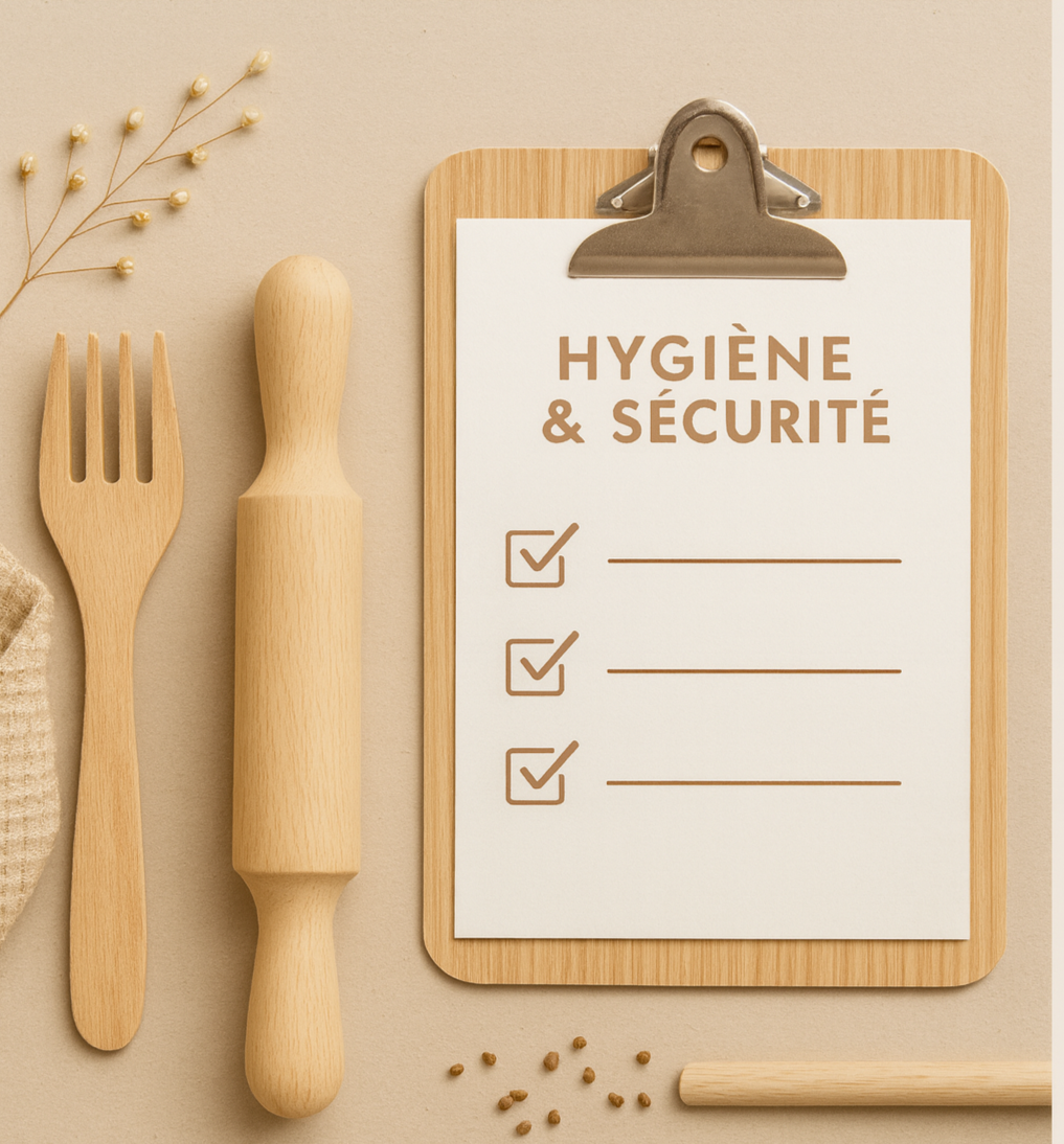 Une planche à dessin avec une liste intitulée 'Hygiène & Sécurité' et des cases cochées. À côté, des ustensiles en bois, dont une fourchette, un rouleau à pâtisserie, un torchon et une tige en bois, ainsi que des petites graines ou grains.
