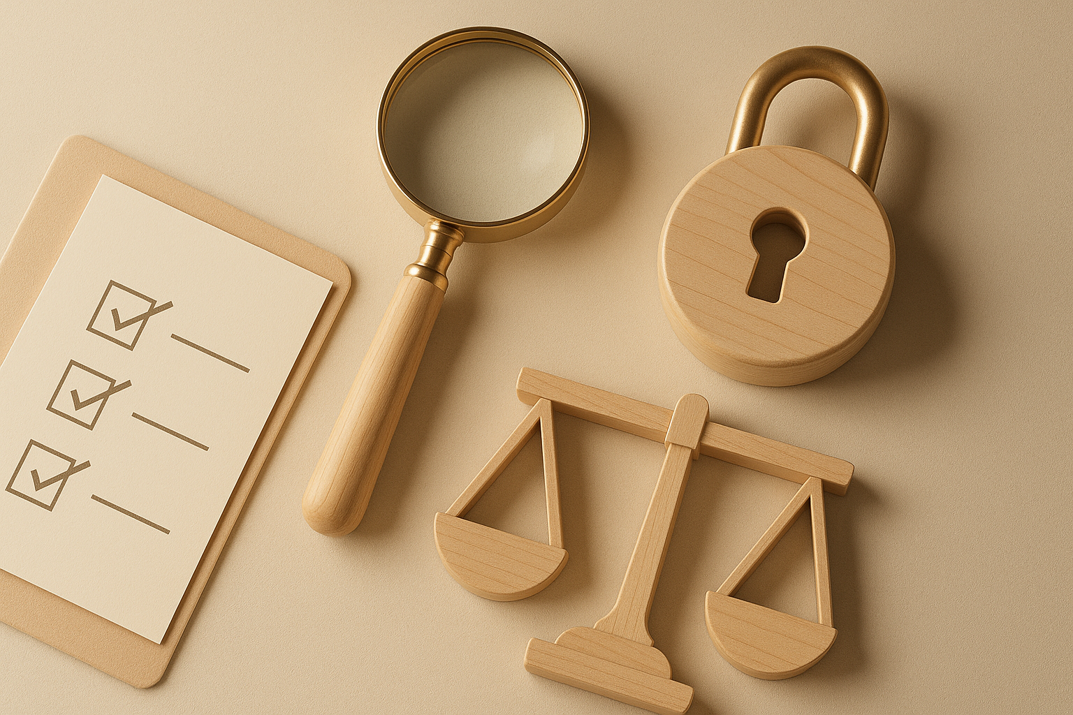 Une image avec un plan de travail clair et des objets liés à la justice : une loupe, un cadenas en bois, une balance en bois, et une feuille avec une liste à cocher.