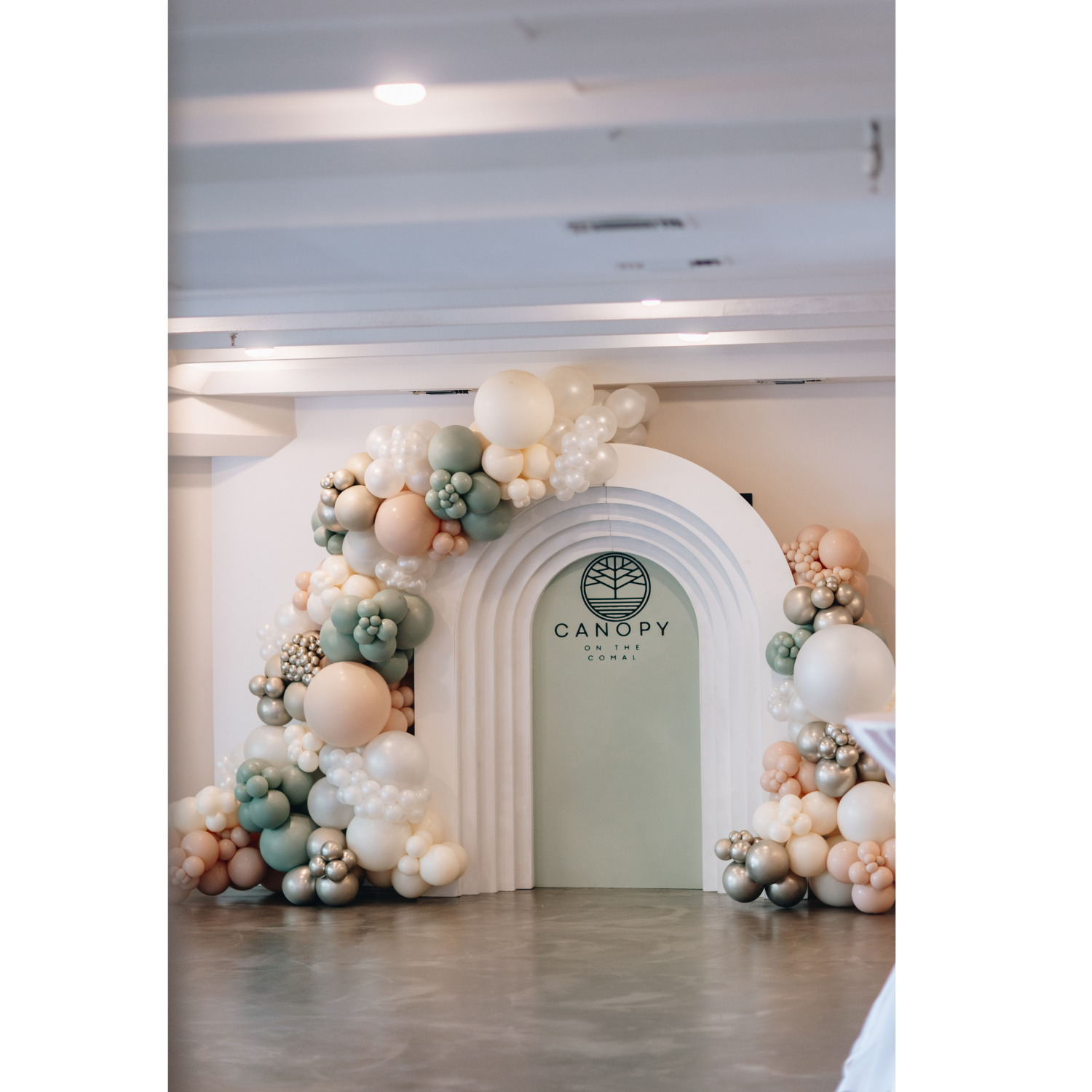 Decorative balloon arch with pastel and metallic colors framing a backdrop that reads "Canopy on the Comal."
