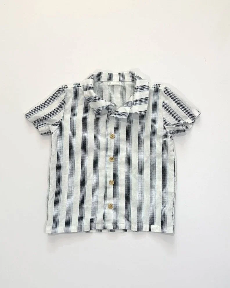 Firsts by Petit Lem Navy Striped Button-Up Shirt | 24mo