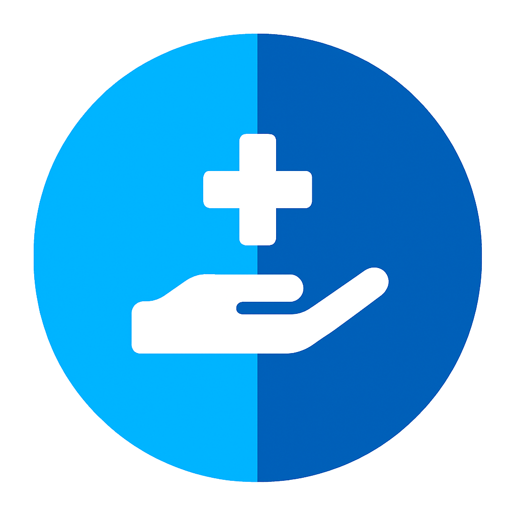 Blue circular icon with a white hand holding a medical cross symbol.