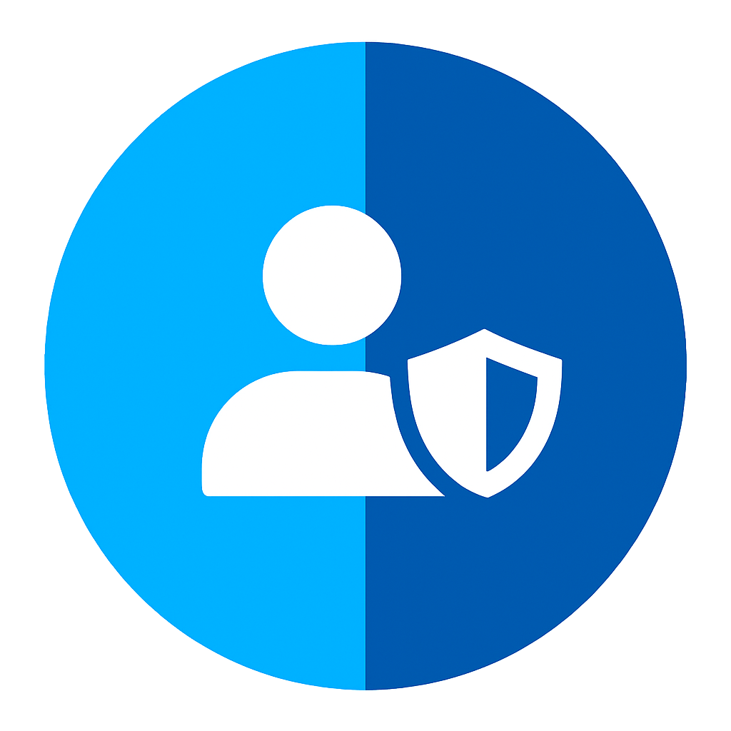 User profile icon with a shield symbol indicating protection or security.