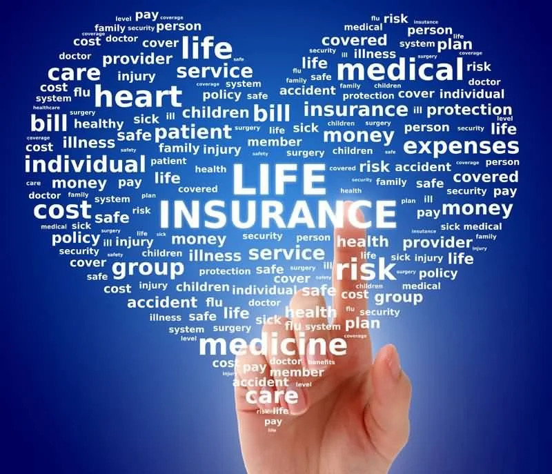 Word cloud formed from words related to life insurance, healthcare, medical, and insurance, with a hand pointing towards the words 'LIFE INSURANCE' on a blue background.