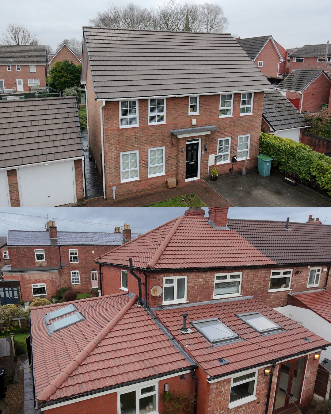 Comparison of two brick houses: the top house has a grey tiled roof, four upper windows and a central black door, with a small front garden and driveway; the bottom house has a red tiled roof, dormer skylights, several chimneys, and a partly covered 