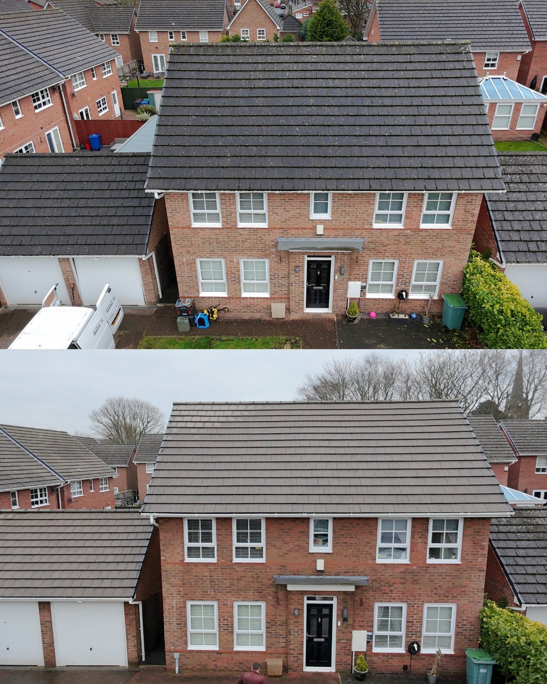 Before and after comparison of a roof renovation on a brick house, showing the roof's retiling process.