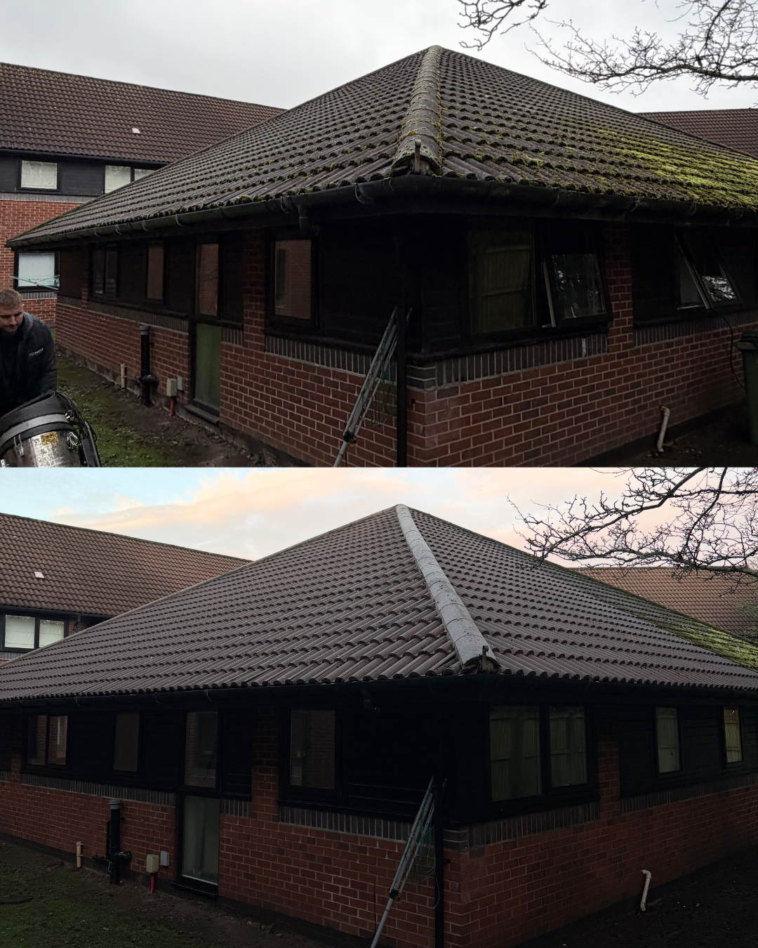 Side-by-side comparison of a house roof before and after cleaning and maintenance, showing the roof's improved appearance.