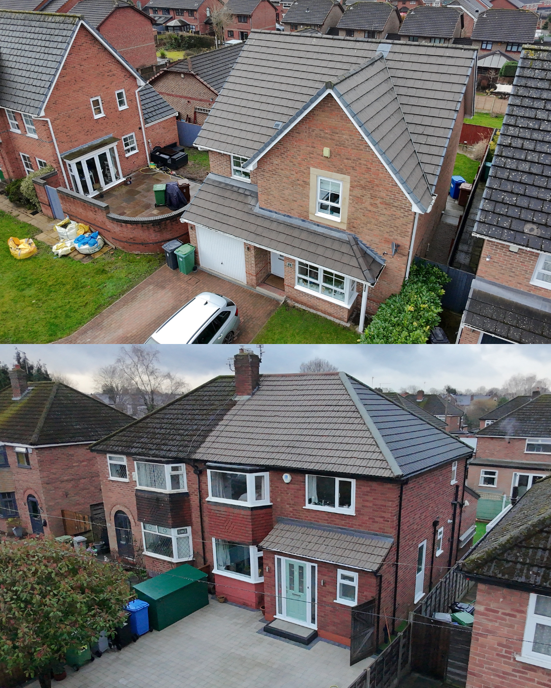 Two aerial views of suburban houses. The first image shows a brick house with a driveway, garage, and backyard, with neighboring houses and a green lawn. The second image shows a brick house with a paved backyard, neighboring houses, and trees in the