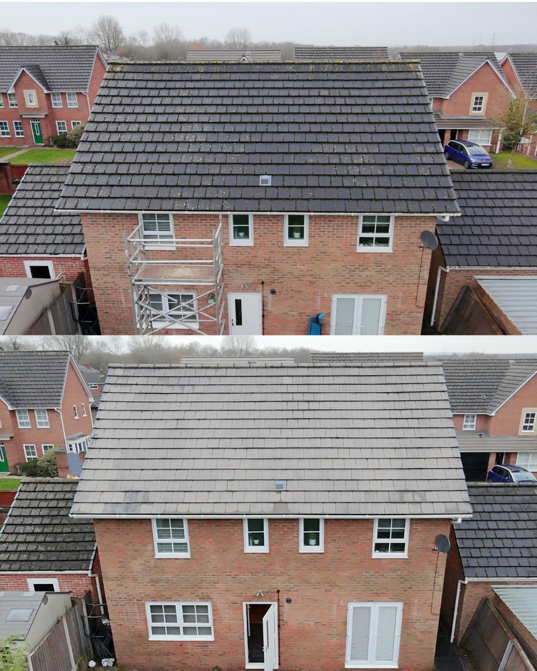Before and after images of a house roof renovation, showing roof replacement with new tiles.