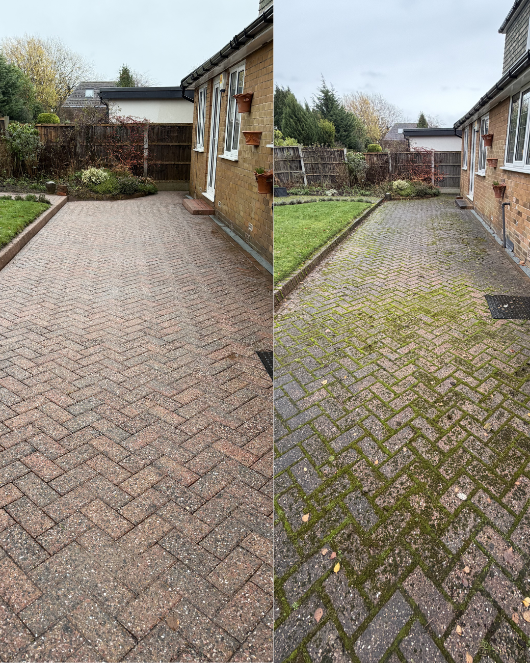 Comparison of a clean, well-maintained brick patio on the left and a moss-covered, weathered brick patio on the right, at the same location outside a house with a brick wall and garden in background.