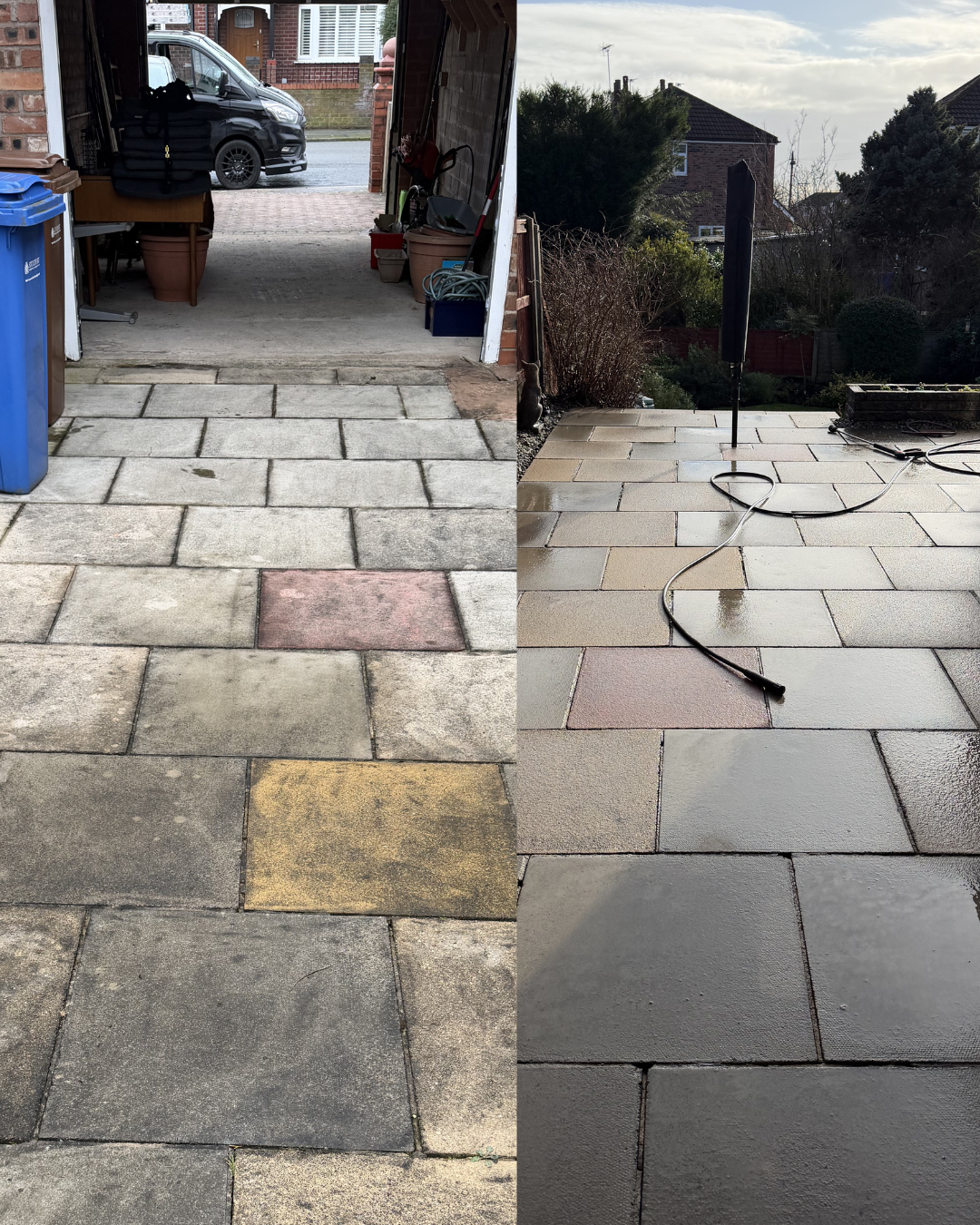 A side-by-side comparison of a driveway before and after new paving. The left shows an older, weathered concrete and stone sidewalk, while the right shows a newly paved, clean gray stone patio with a hose and a black pole.