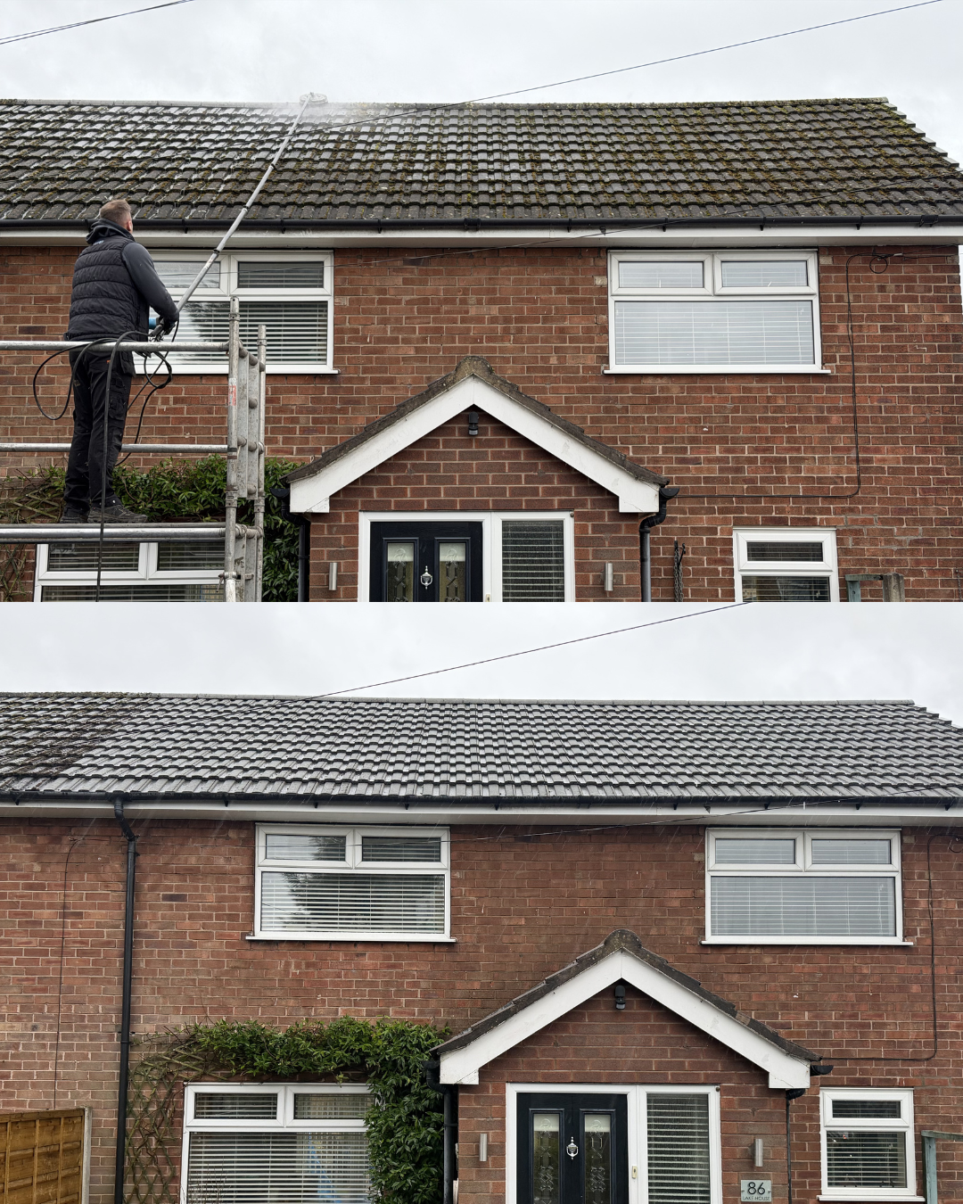 Comparison of the roof before and after cleaning, showing a person using a pressure washer to clean dirt and moss from the roof on a brick house with white-trimmed windows and a black front door.