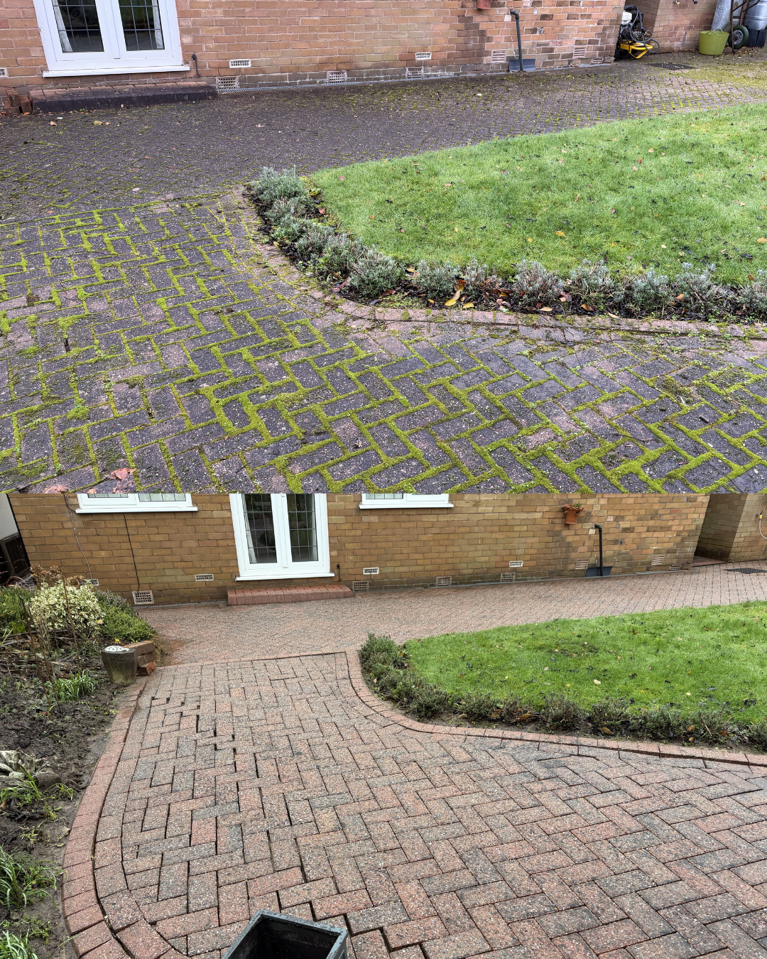 Comparison of a cluttered, moss-covered brick driveway before and a clean, newly paved brick driveway after renovation.