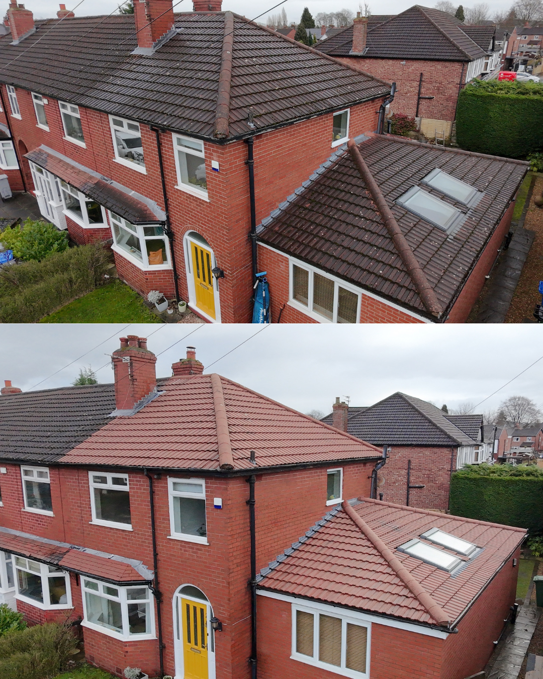 Side-by-side comparison of a house before and after roof replacement: top image shows an older dark tiled roof, bottom image shows the new red tiled roof.