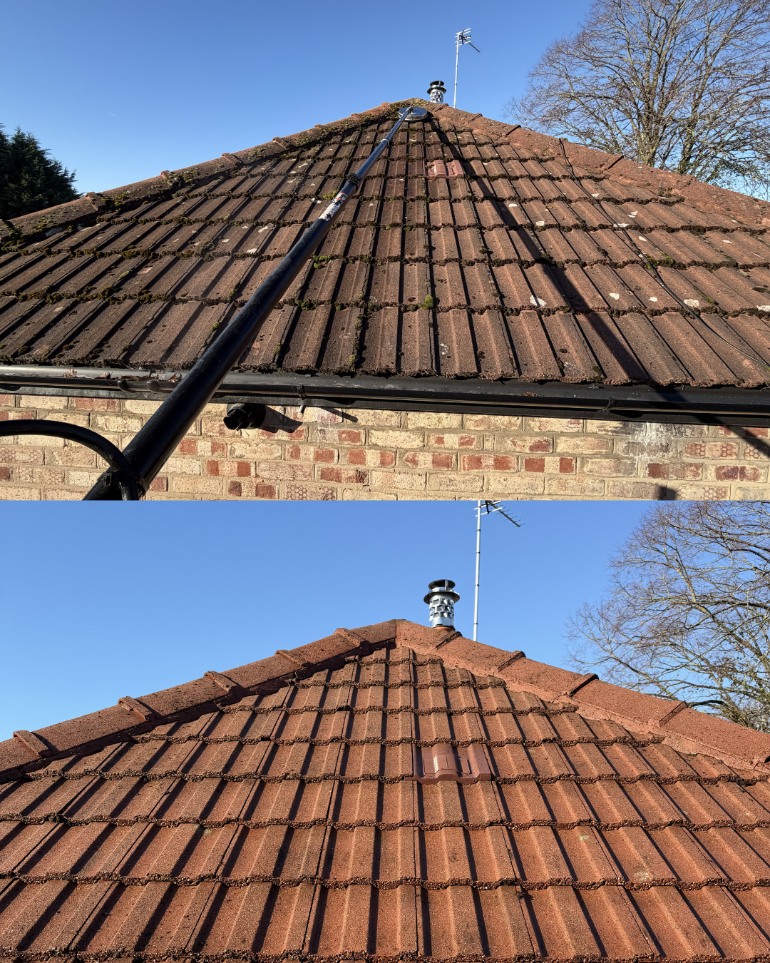 Comparison of a roof with moss and debris before and after cleaning, showing the removal of dirt and restoration of reddish-brown tiles.