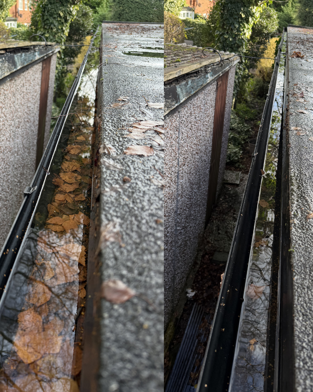 Side-by-side comparison of a roof gutter filled with dead leaves, showing before and after cleaning.