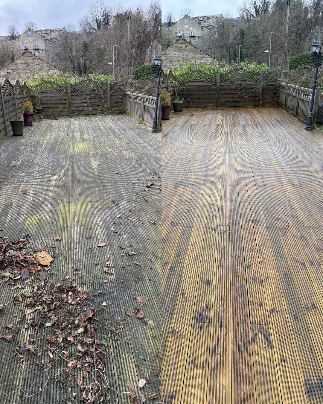 Comparison of a wooden deck before and after cleaning and maintenance, with the left side showing dirt, leaves, and grime, and the right side featuring a clean, polished wooden surface.