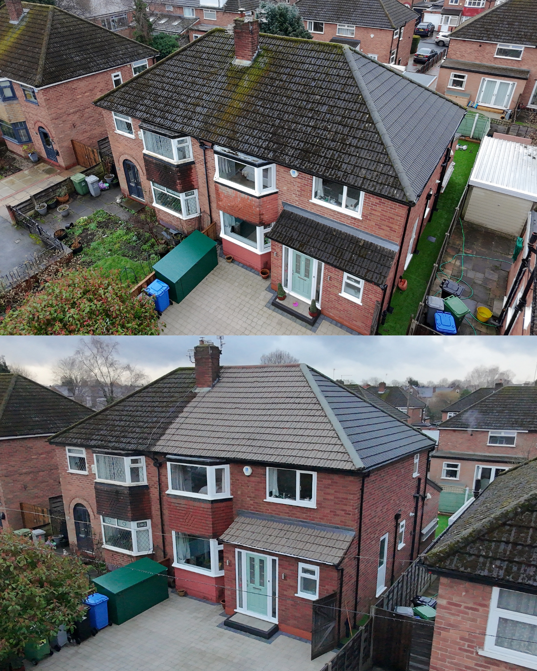 Side-by-side comparison of a brick house before and after roof cleaning, showing the removal of moss and dirt from the roof.
