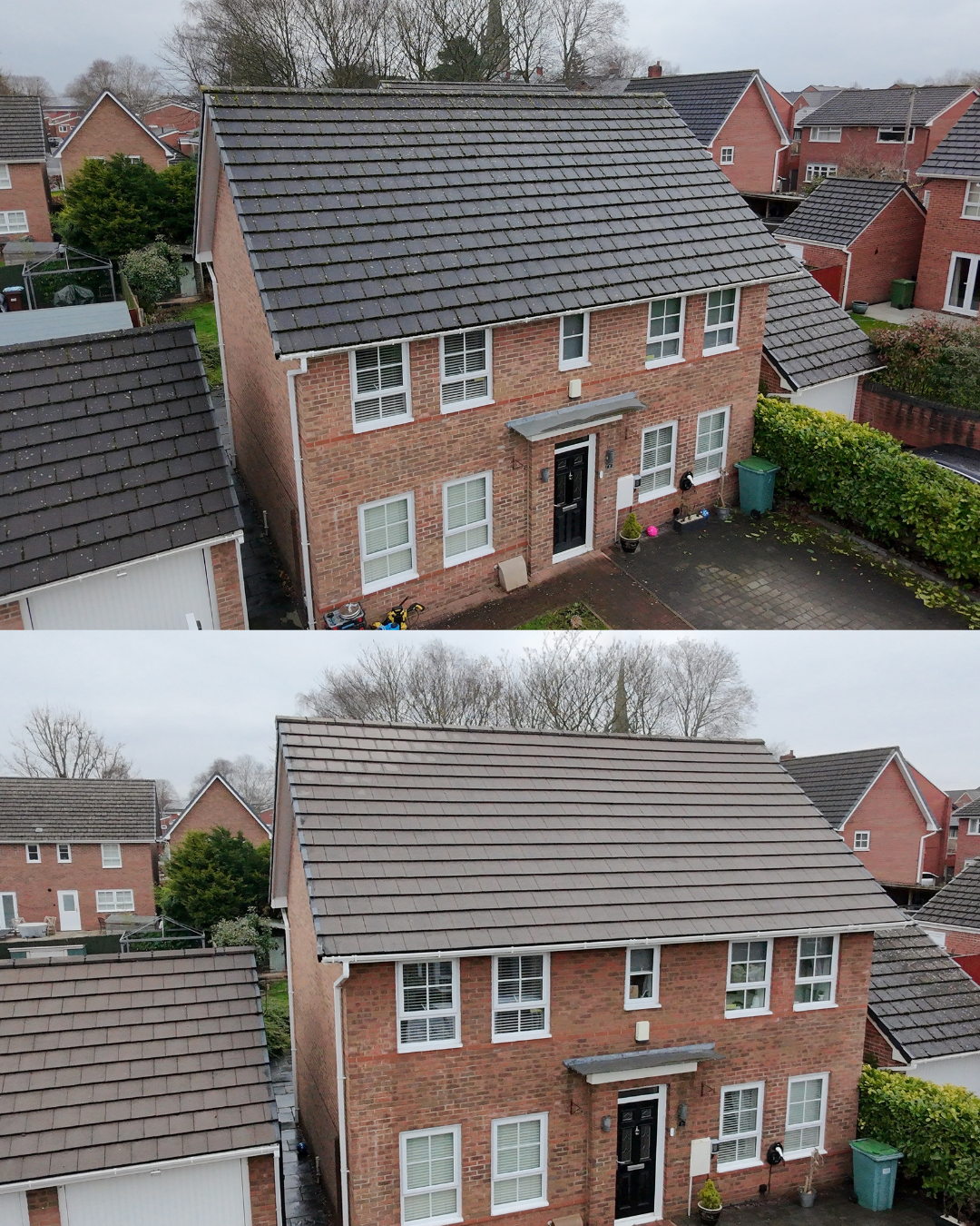 Before and after images showing the roof of a brick house. The top image shows the roof with moss and dirt, while the bottom image shows the roof cleaned and free of moss.