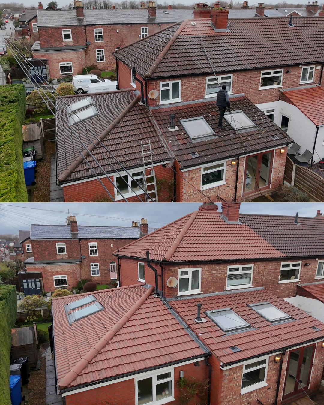 Comparison of a house roof before and after installing new red roof tiles. The top image shows a person walking on the roof, and the bottom image displays the fully renovated roof with new tiles.