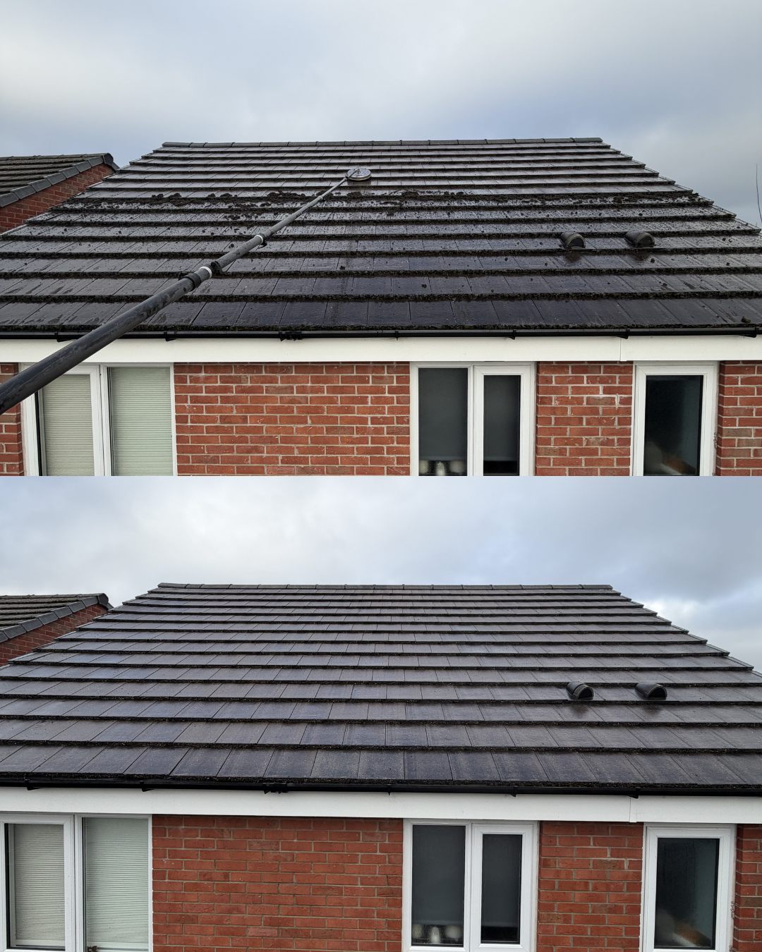 A house roof before and after cleaning or restoration, showing removal of dirt and moss.