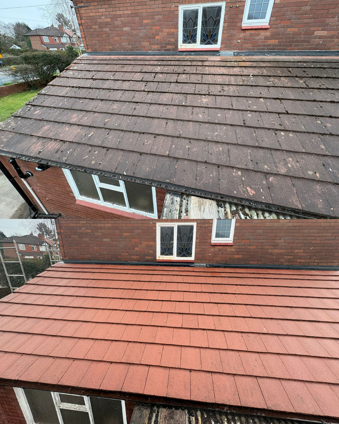 Comparison of a roof before and after replacement, showing old dirty, mossy tiles above and new clean, reddish tiles below.