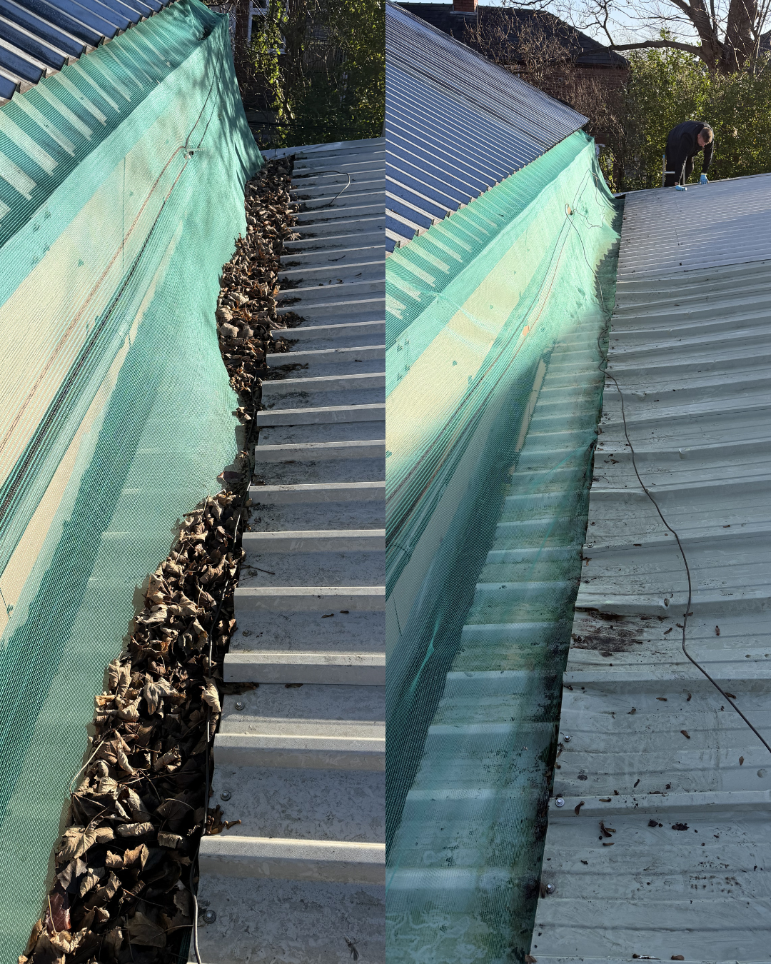 Before and after images of a rooftop repair showing removal of debris and installation of a green mesh material on the roof's edge.