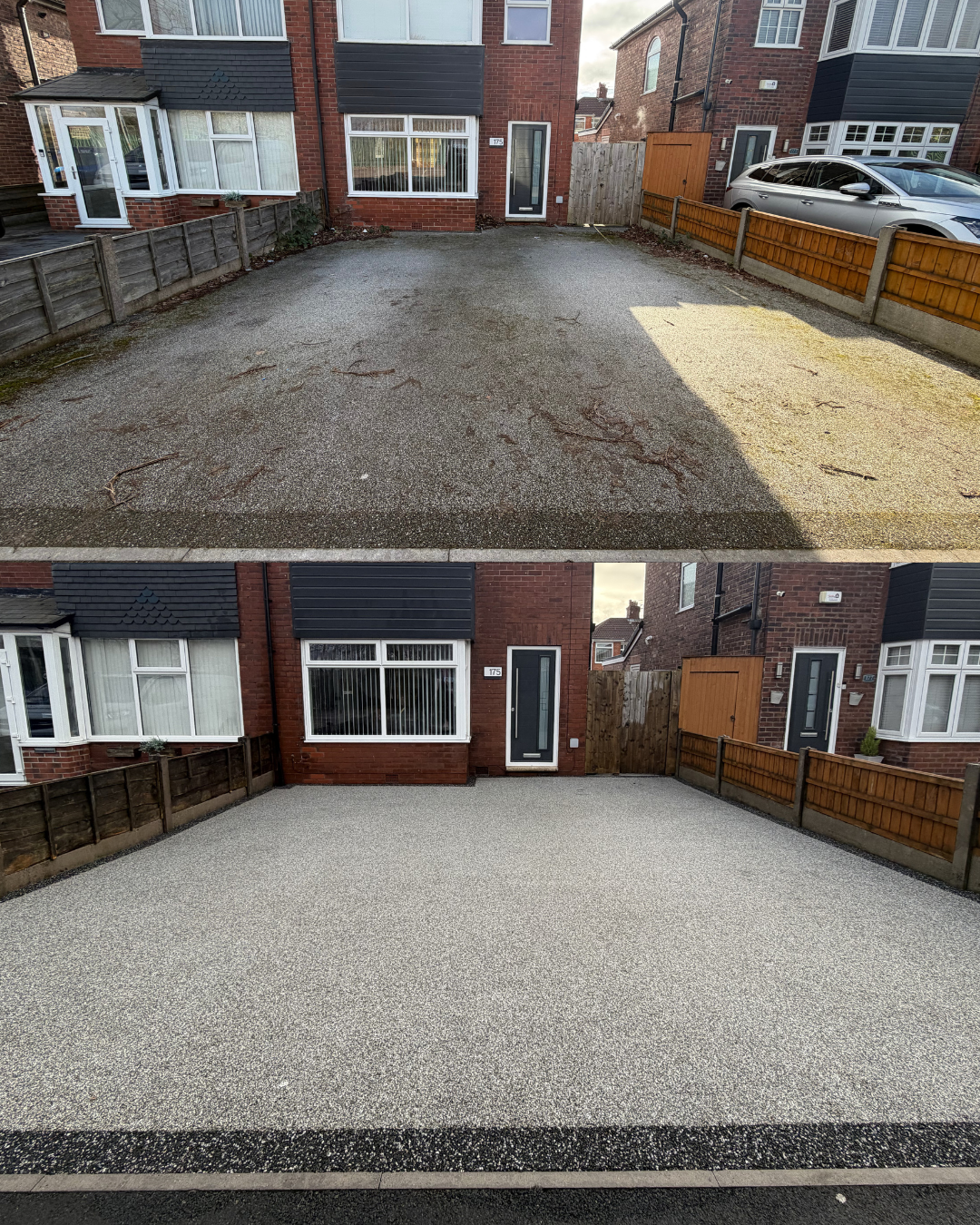 Before and after comparison of a driveway, showing a renovation with a new, light-colored, textured surface replacing the old, darker, gravel-like surface.