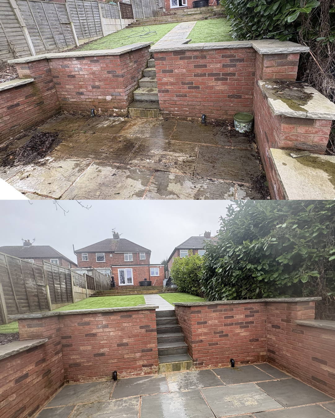 Before and after images of a backyard patio: the top shows a dirty, stained patio with weeds and a bucket, while the bottom shows a cleaned, renovated patio with new stone tiles, trimmed bushes, and a freshly landscaped lawn.