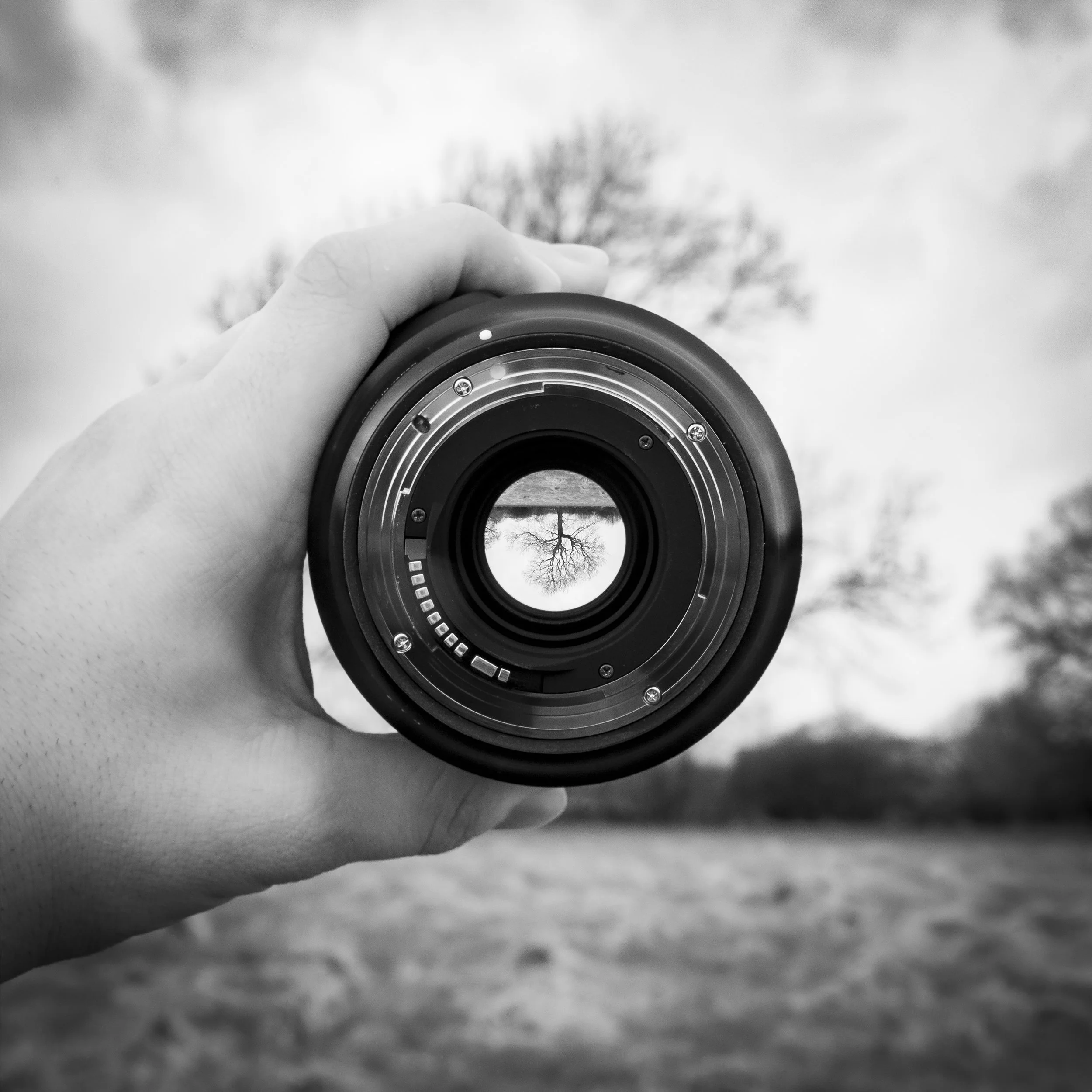 Black and white photograph of a person holding a camera lens, through which a leafless tree is visible reflected in the glass. The background shows a cloudy sky and distant trees.