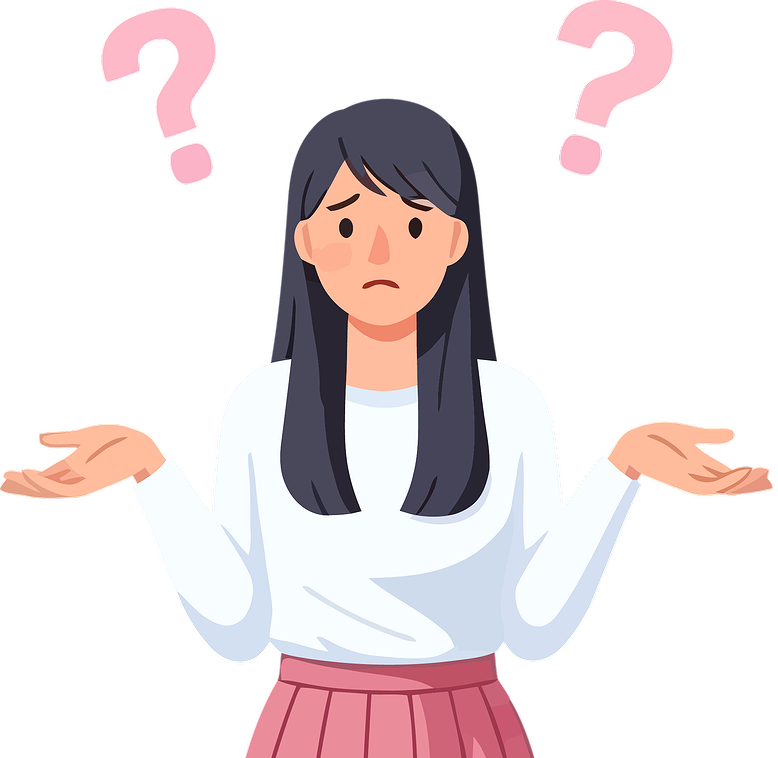 An illustrated woman with long dark hair, wearing a white long-sleeve shirt and pink skirt, has a confused expression, with arms outstretched and two pink question marks above her head.