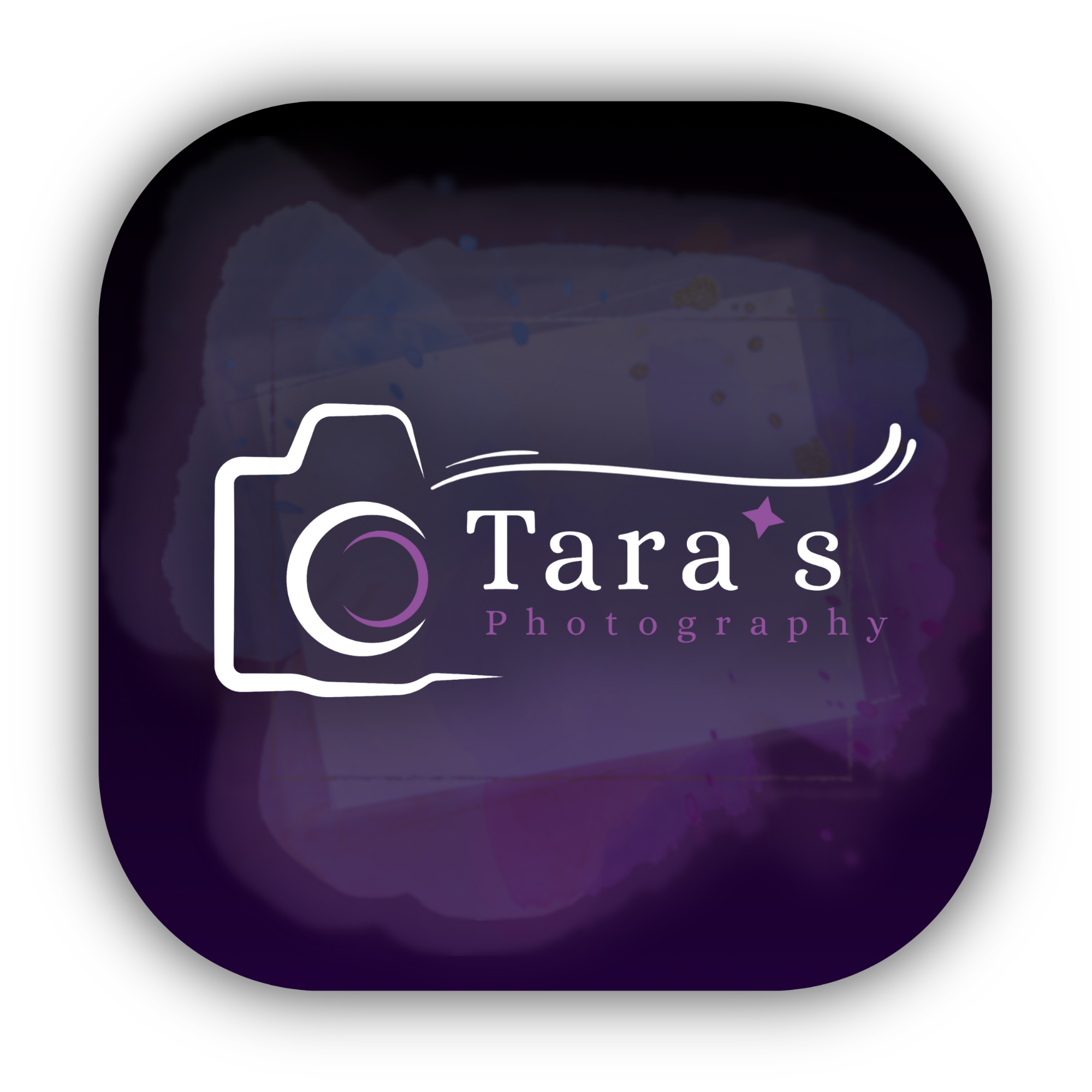 Logo for Tara's Photography featuring a stylized camera outline with a purple star and the text "Tara's Photography" in white and purple on a dark, multicolored watercolor background.