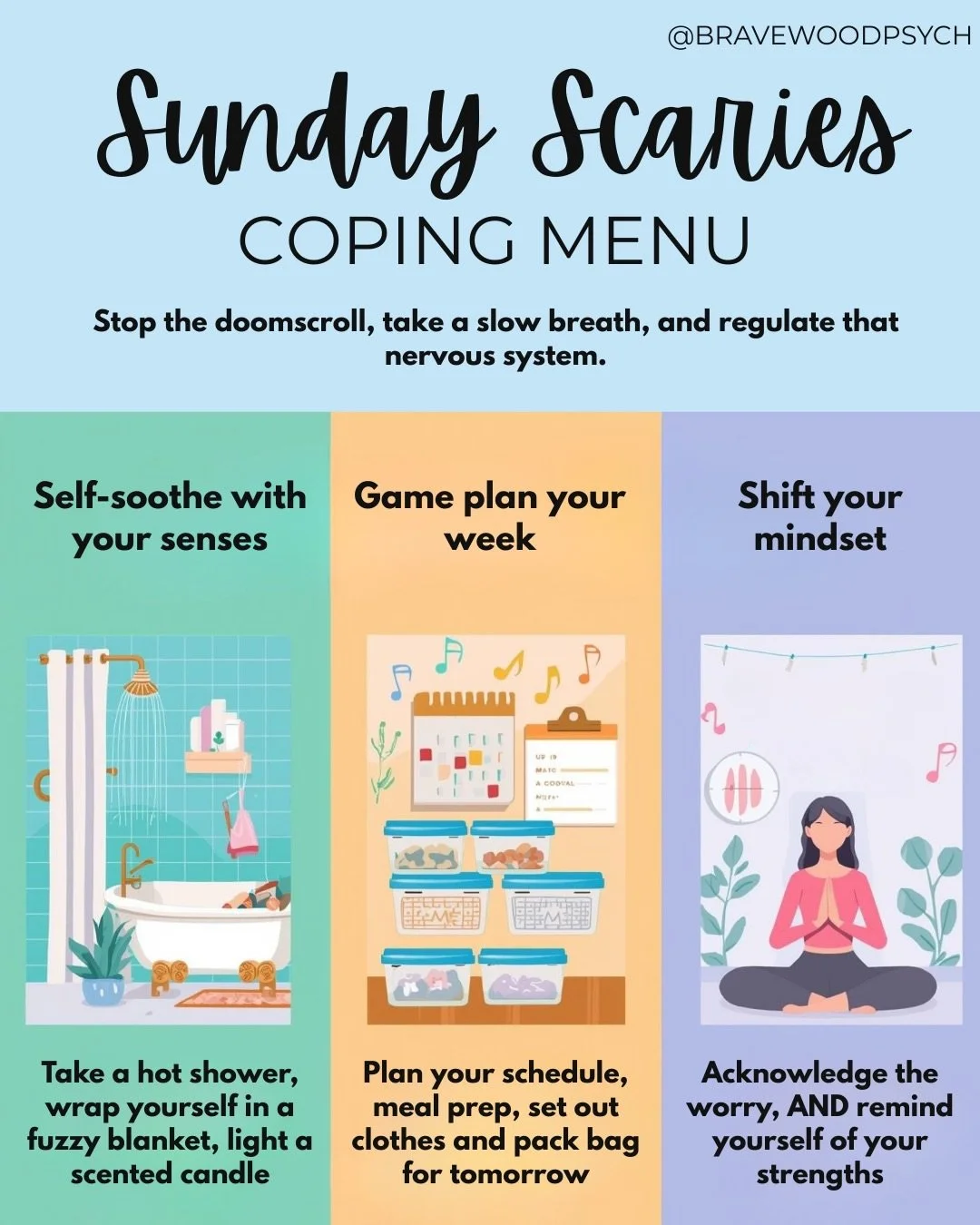 SUNDAY SCARIES Coping Menu!

What&rsquo;s your favorite way to wind down your weekend?

#sundayscaries #anxiety #nyctherapy