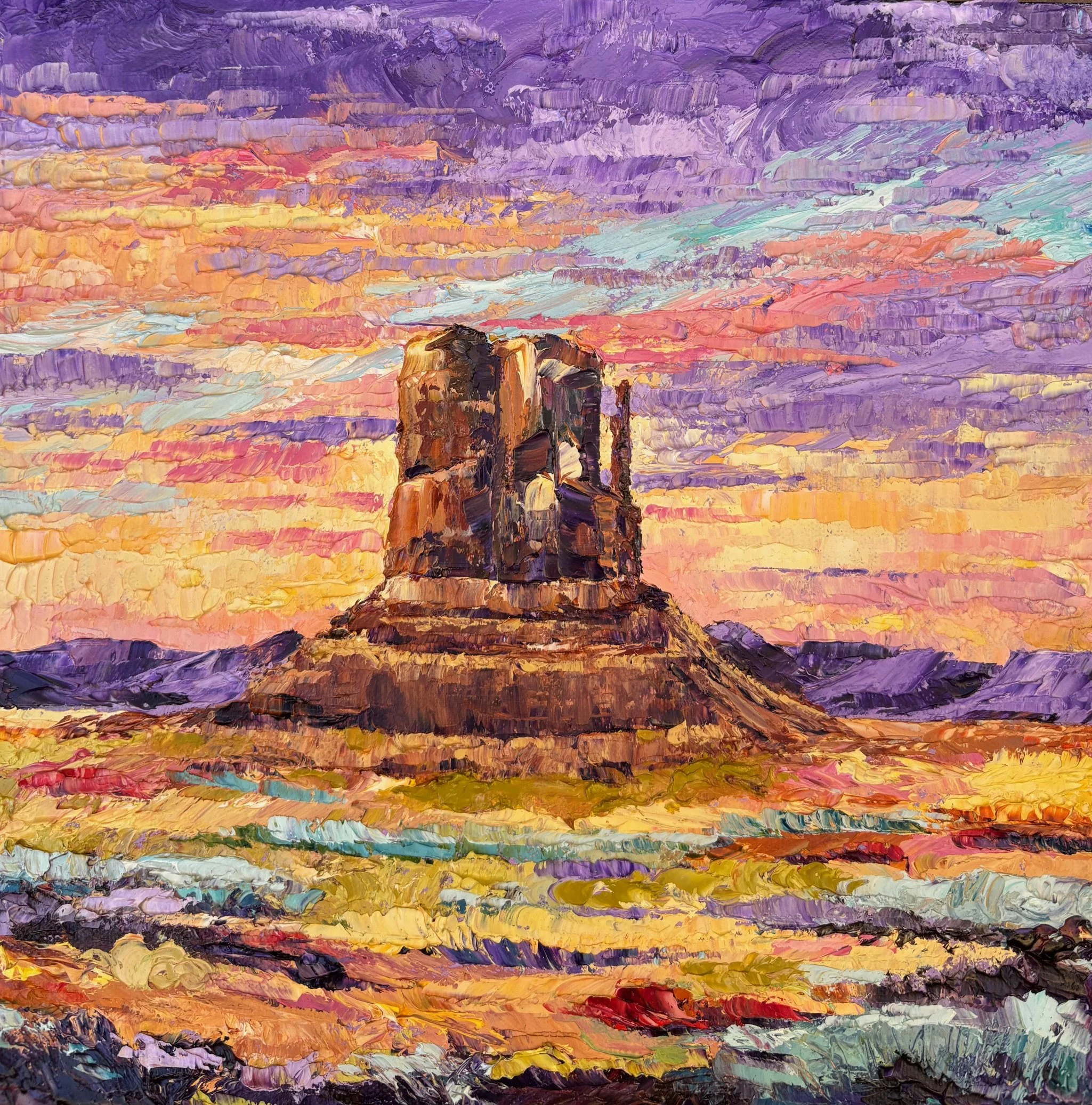 An impressionistic painting of a large flat-topped rock formation in a colorful landscape at sunset with a sky filled with purple, pink, orange, and yellow hues.