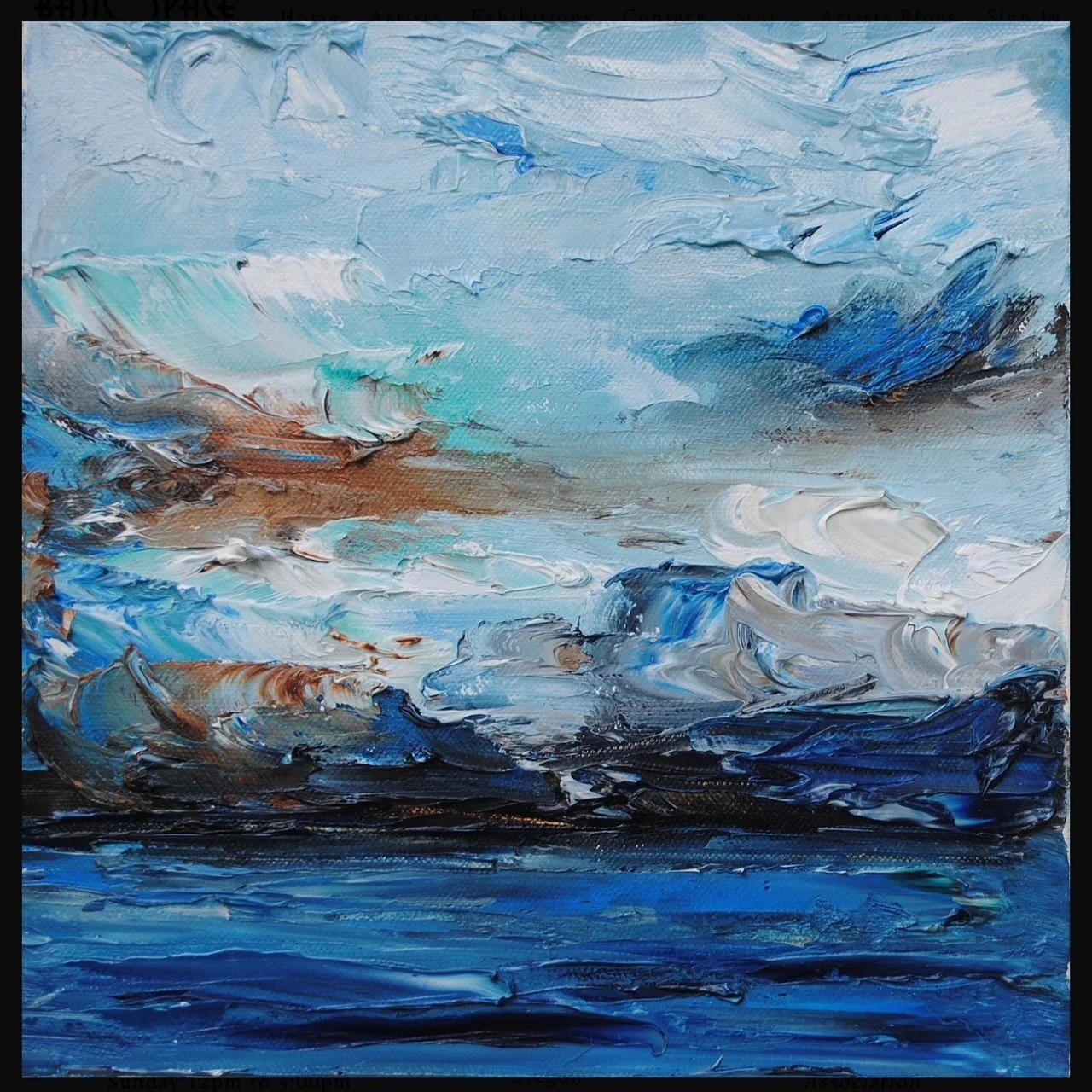 An abstract oil painting of a seascape with turbulent waves, stormy clouds, and a moody sky in shades of blue, white, brown, and black.