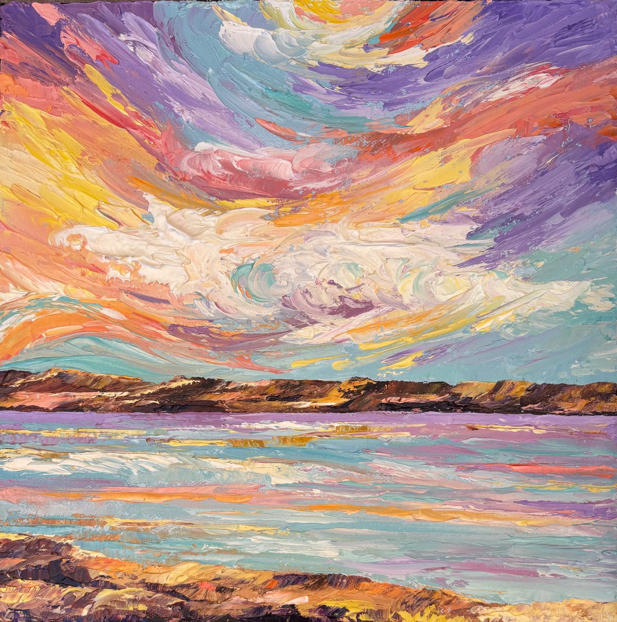 An abstract landscape painting of a coastline at sunset with colorful swirling sky, rolling hills in dark tones, and water with reflections in pastel hues.