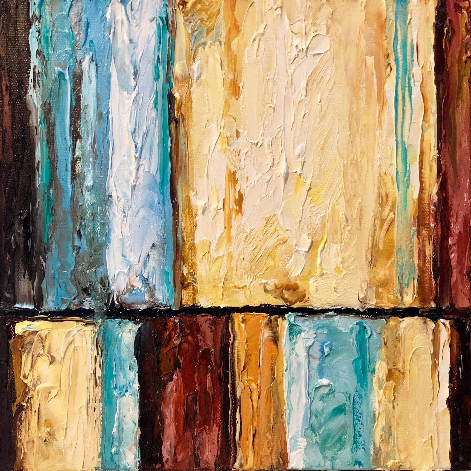 Abstract oil painting with vertical streaks of various colors including blue, yellow, brown, and red, separated by black lines.