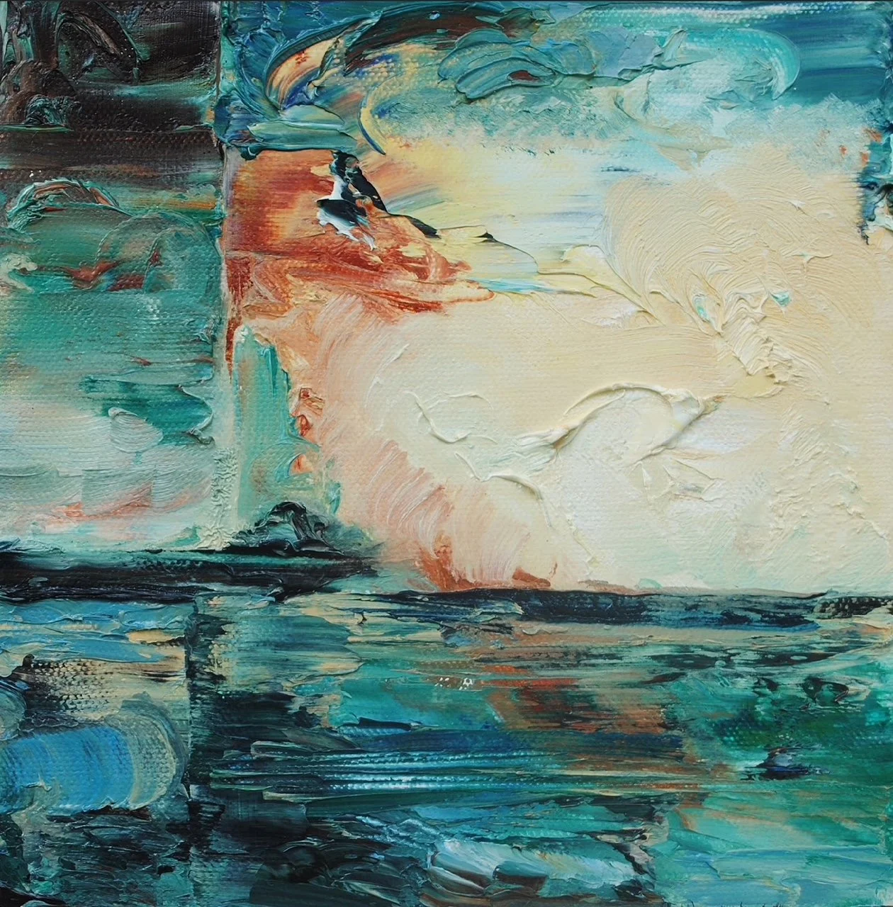 Abstract landscape painting of a sunset over the ocean with textured brushstrokes in shades of blue, teal, orange, and cream.