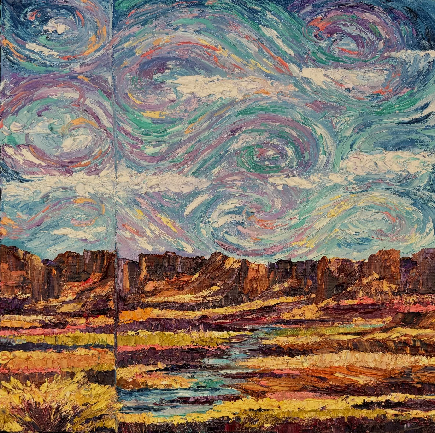 An oil painting depicting a desert landscape at sunset with tall rock formations and a river in the foreground under a swirling sky.