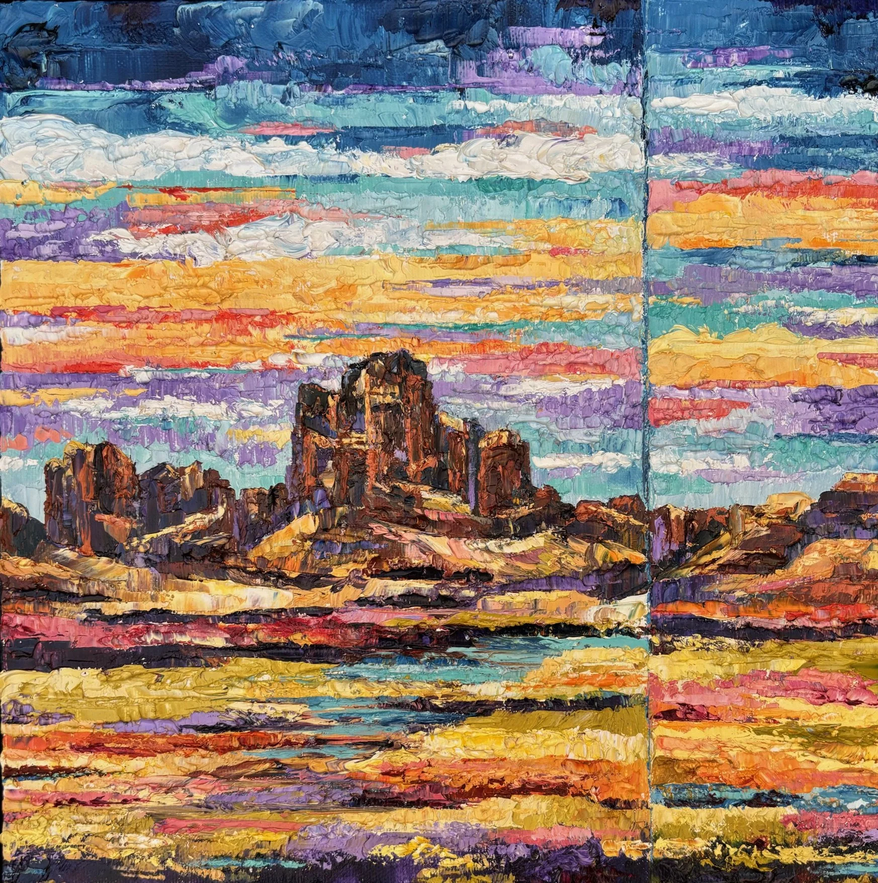 Painted landscape of a mountain range under a colorful sunset sky, with vibrant hues of purple, orange, pink, and blue.