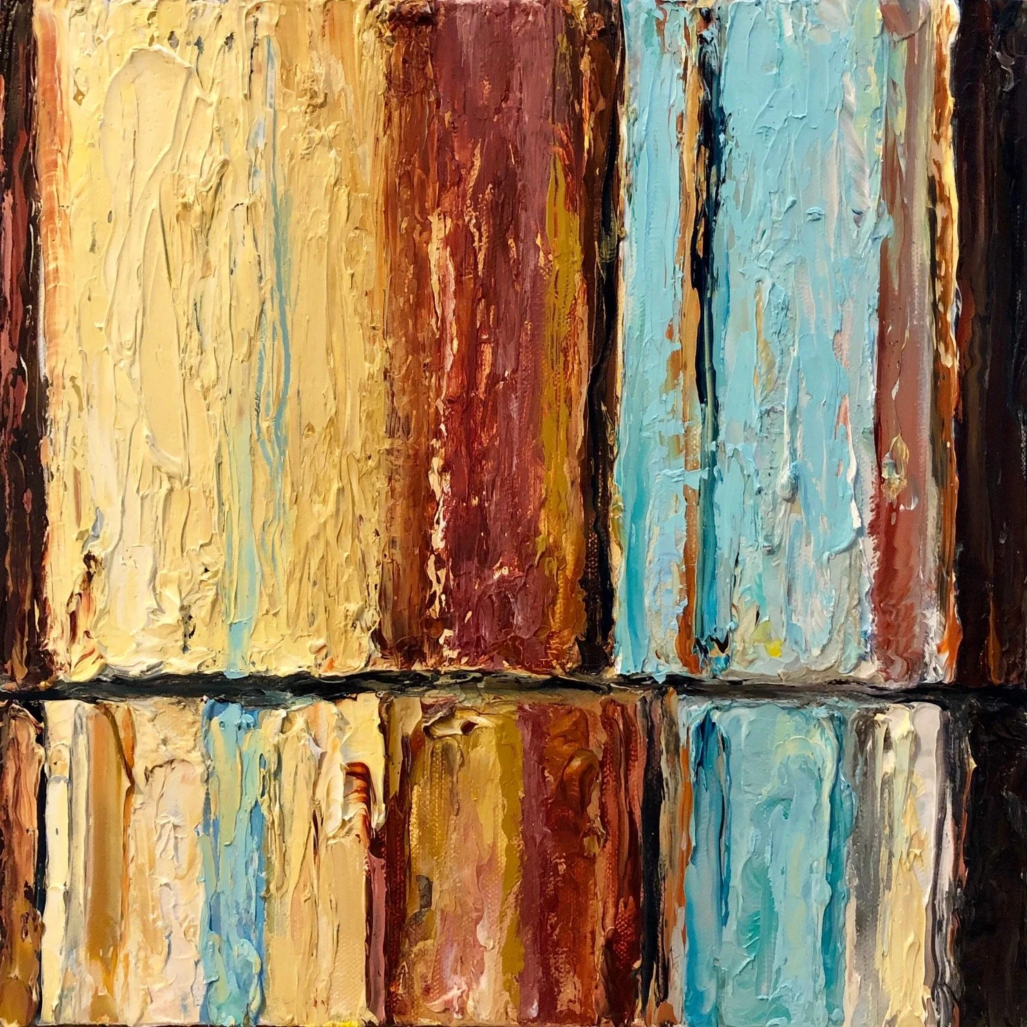 Abstract painting with vertical stripes in warm and cool colors, featuring textured and layered brushstrokes with a reflective surface below.