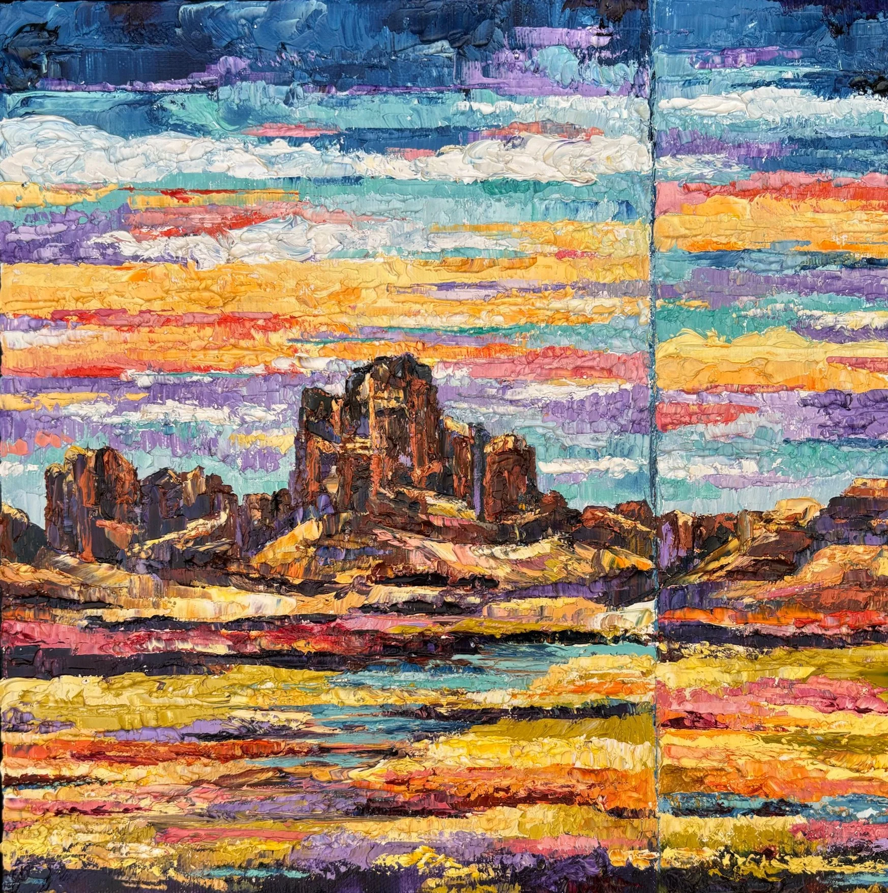 Colorful oil painting of a mountain landscape during sunset, with a prominent rock formation, water, and vibrant sky.