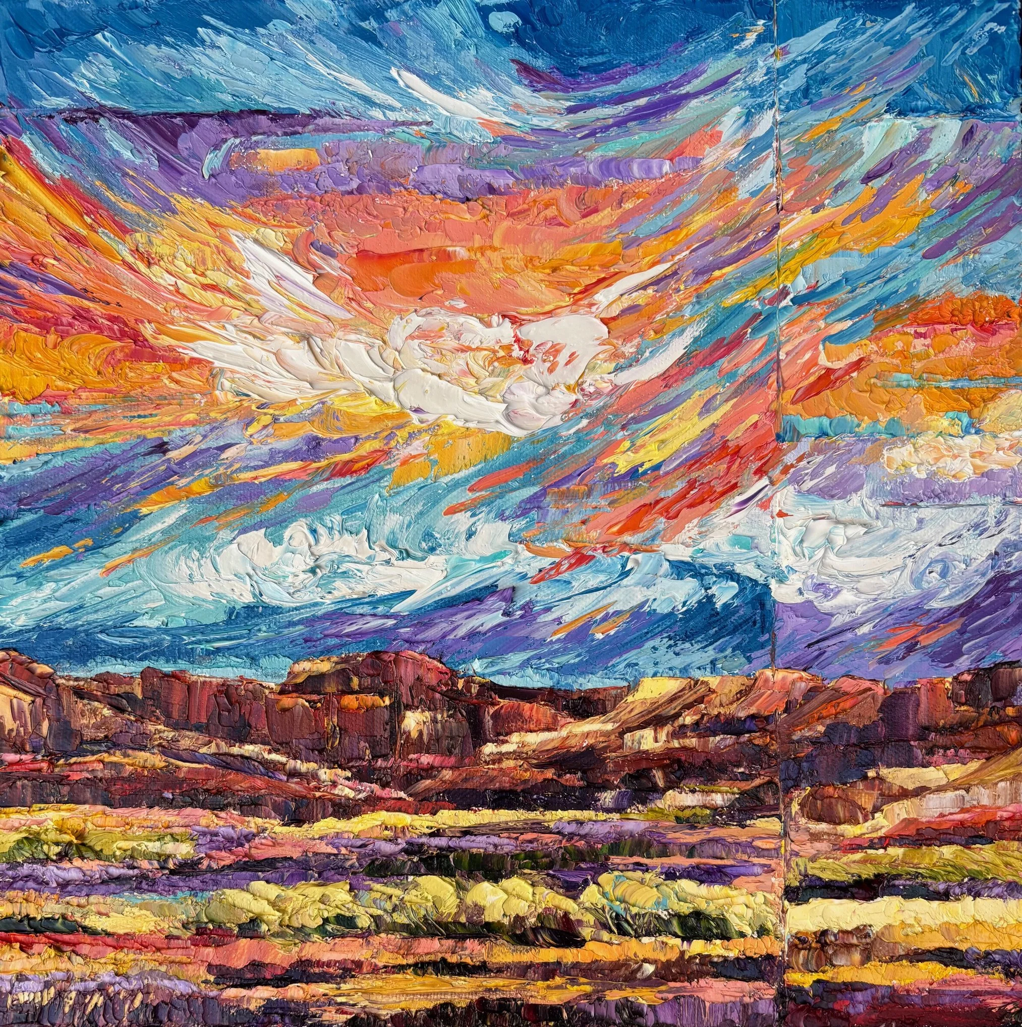 A colorful impressionist painting of a landscape with mountains, a vibrant sky filled with swirling clouds in shades of orange, purple, blue, and white, and a field of lavender in the foreground.
