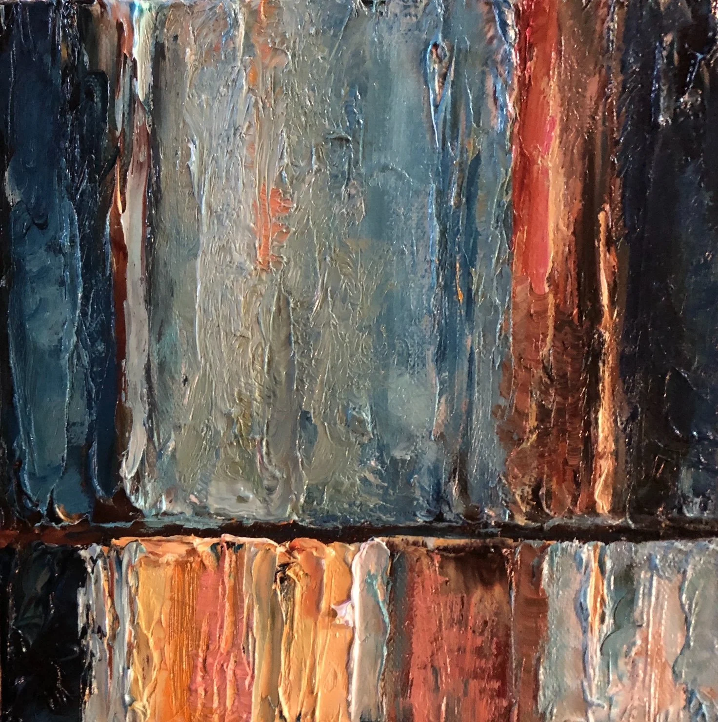 An abstract painting with textured brushstrokes in shades of blue, beige, orange, red, and black.